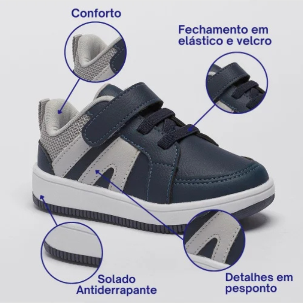 Detalhe de um tênis escolar mostrando conforto e material