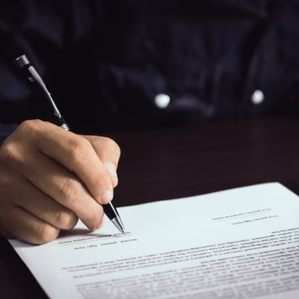 Mão assinando um contrato de licitação